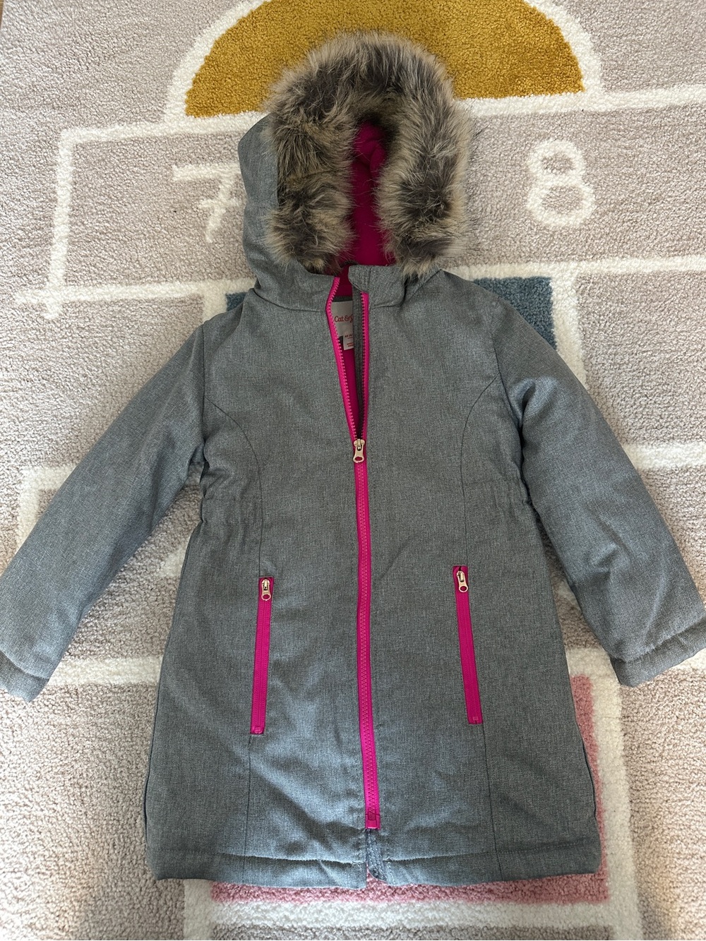 Cat & Jack Gray Coat with Bright Pink Lining and Faux Fur Hood